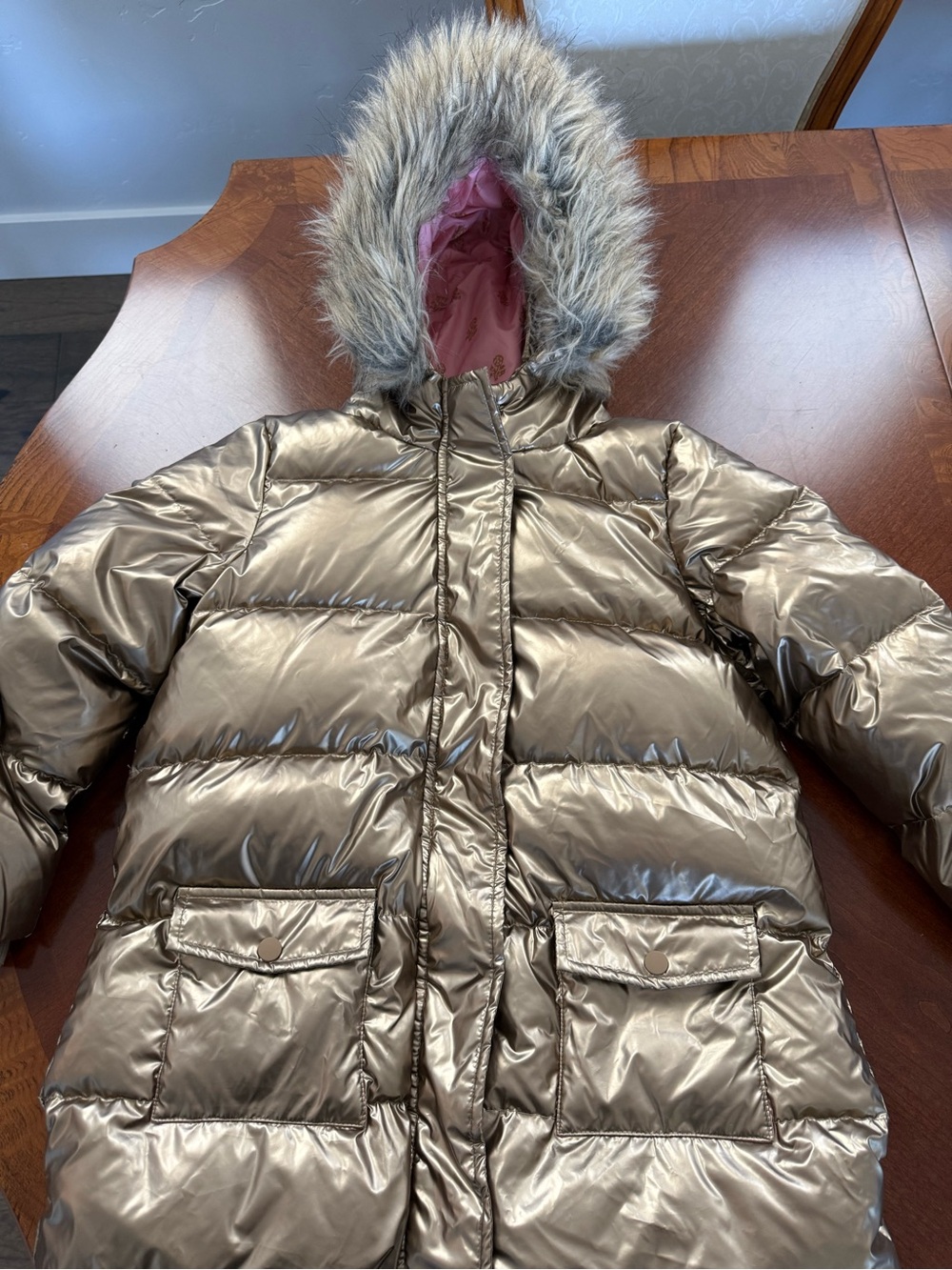 Pink Chicken Metallic Gold Puffy Hooded Coat with Faux Fur Trim